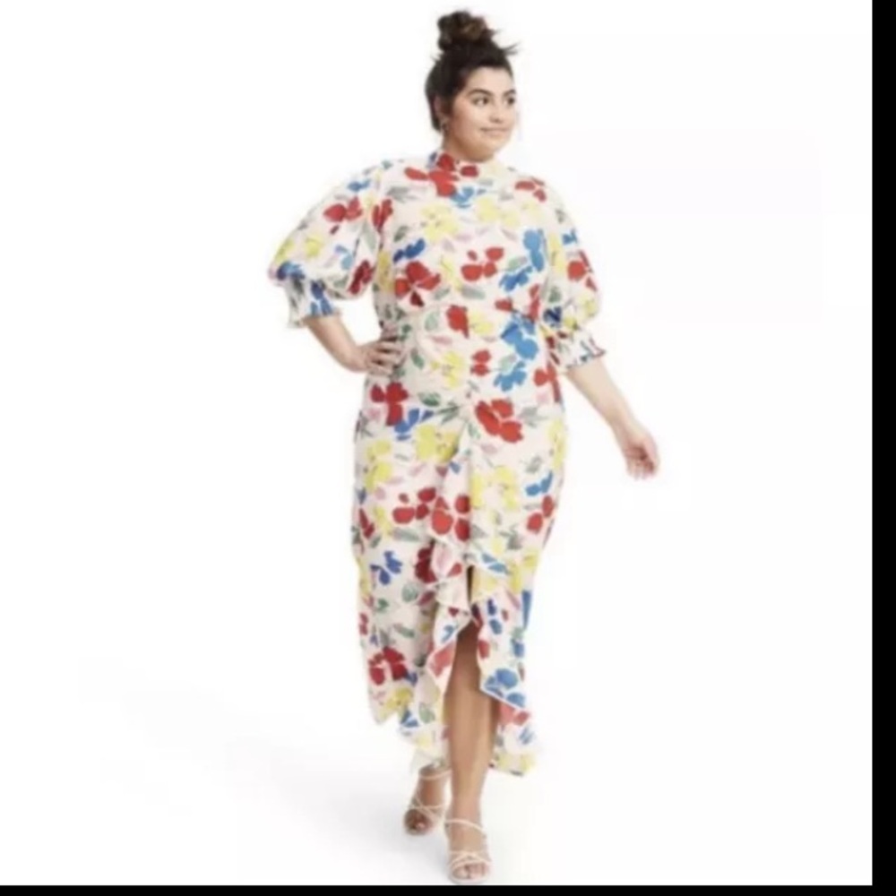 Rixo X Target Dress 28W/30W Plus Mock Neck Cascade Ruffle Rayon Crepe Floral NWT